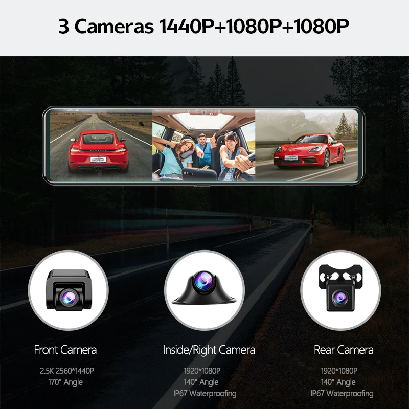 3 Cameras Dash Cam Carplay Android Auto 2.5k car dvr 1440P Rearview Mirror Video Recording WIFI