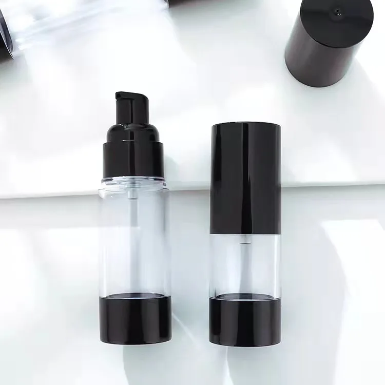 Wholesale plastic round black clear airless lotion cream bottle 1 oz 30ml airless pump bottle airless spray bottle