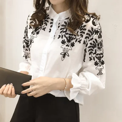 Summer Latest Popular Causal Designs Flower Embroidered Large Blouse With Beads For Sexy Ladies long sleeve top blouse