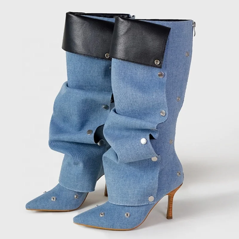 Dropshipping Custom Logo Thin High Heels Long Boots Women Denim Rivet Fashion New Style Knee High Boots Shoes for Ladies
