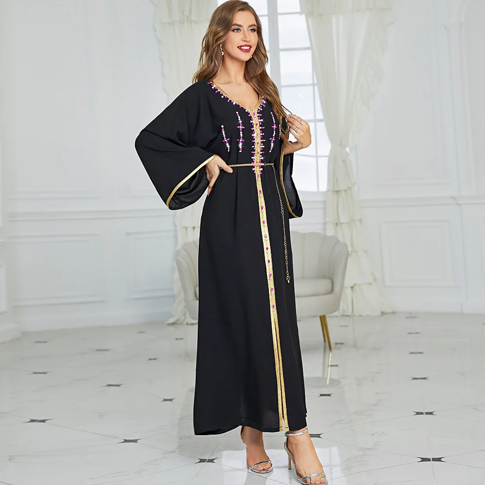 SIPO New Arrival EID Polyester Plain Abaya Women Muslim Islamic Clothing Dubai Black Hand Sewn Stones Casual Dresses Marocain