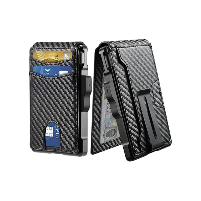 EDC Tactical Smart RFID Money Clip Metal Wallet Mens Minimalist Slim PU Leather Credit Card Holder Bifold Pop Up Wallets for Men