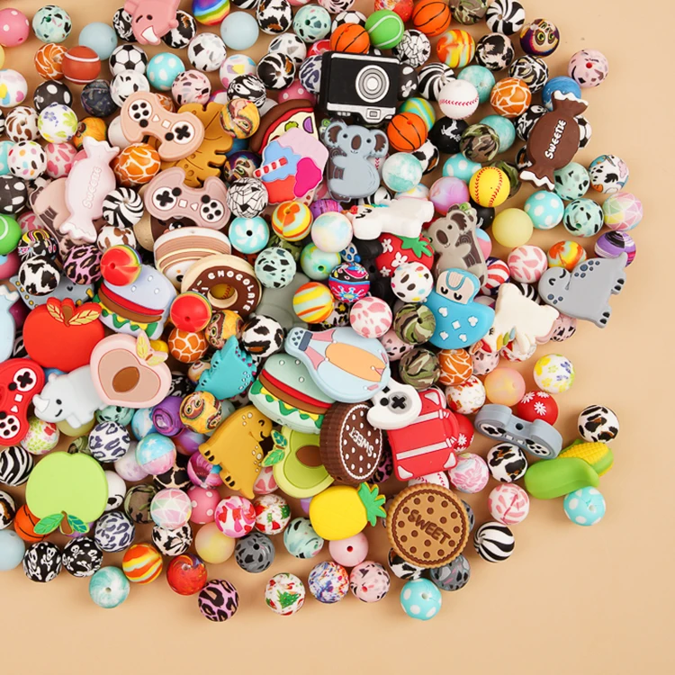 Popular Food Grade 12mm 15mm Leopard Print Chewing Silicone Focal Beads Silicone Printed Beads For Pen Making
