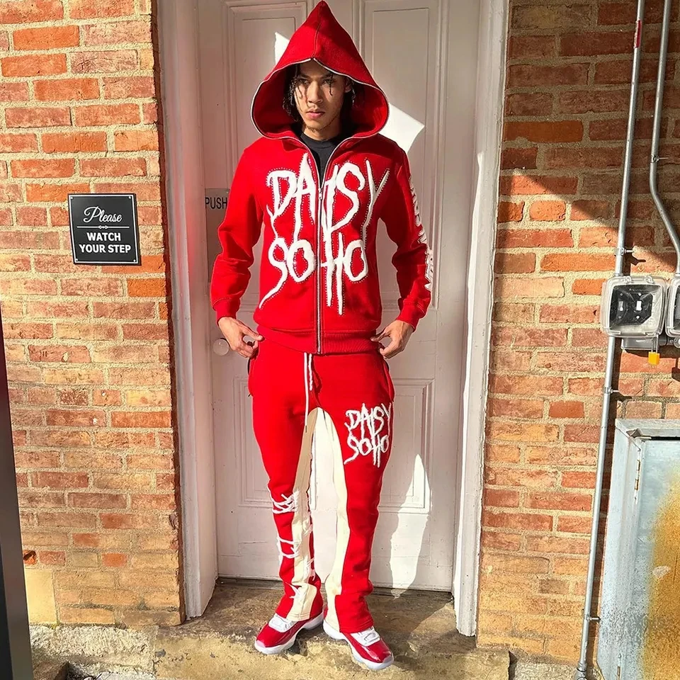 Full Zip Up Hoodies And Flared Stacked Sweatpants Two Piece Tracksuit Set Custom Cotton Puff Print Women Unisex Sweatsuit Men