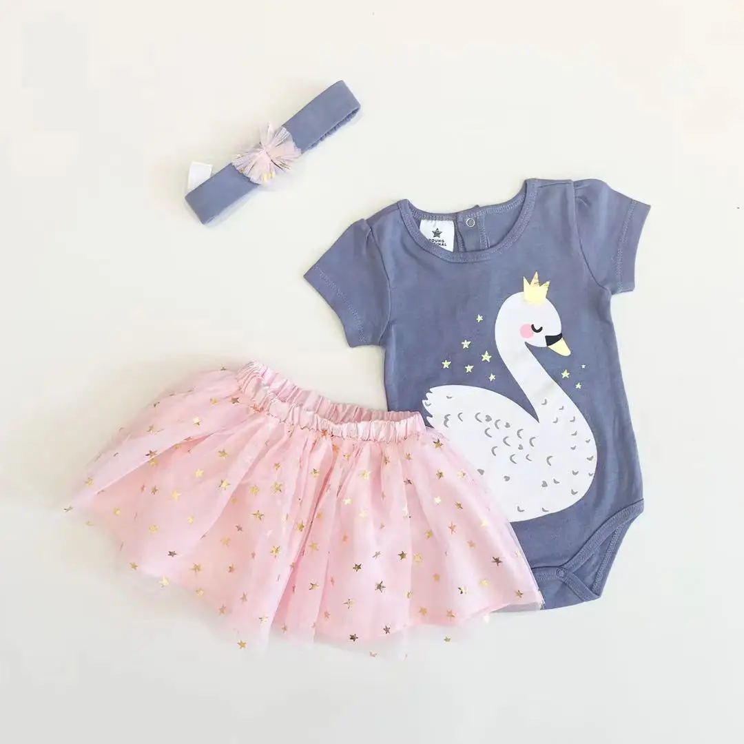 
Hot sale baby girls fashion body suit skirt hair hand 3 pc set 