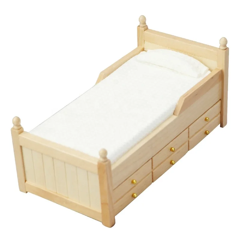 Wooden Doll Bed 1/12 Scale Miniature Dollhouse Bed with Drawer Doll House Bedroom Accessories Dollhouse Furniture Decors