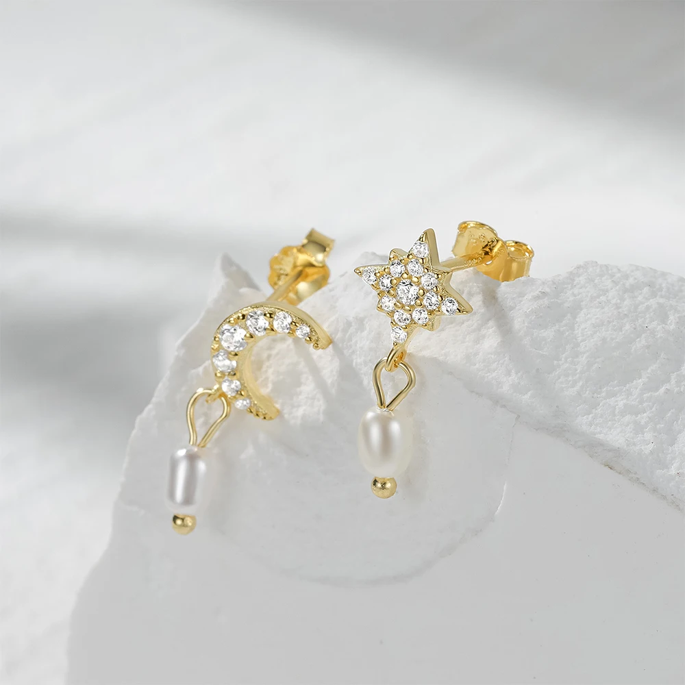 Handmade Fashion Trend Unique Gold Fashion S925 Sterling Silver Personality Star Moon Set With Pearl Pendant Eardrop Earrings