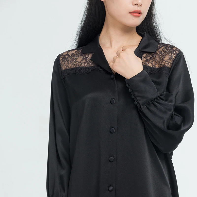 High Quality 22 Momme Silk Blouses With Lace Design 100% Mulberry Silk Sleep Shirt Dress