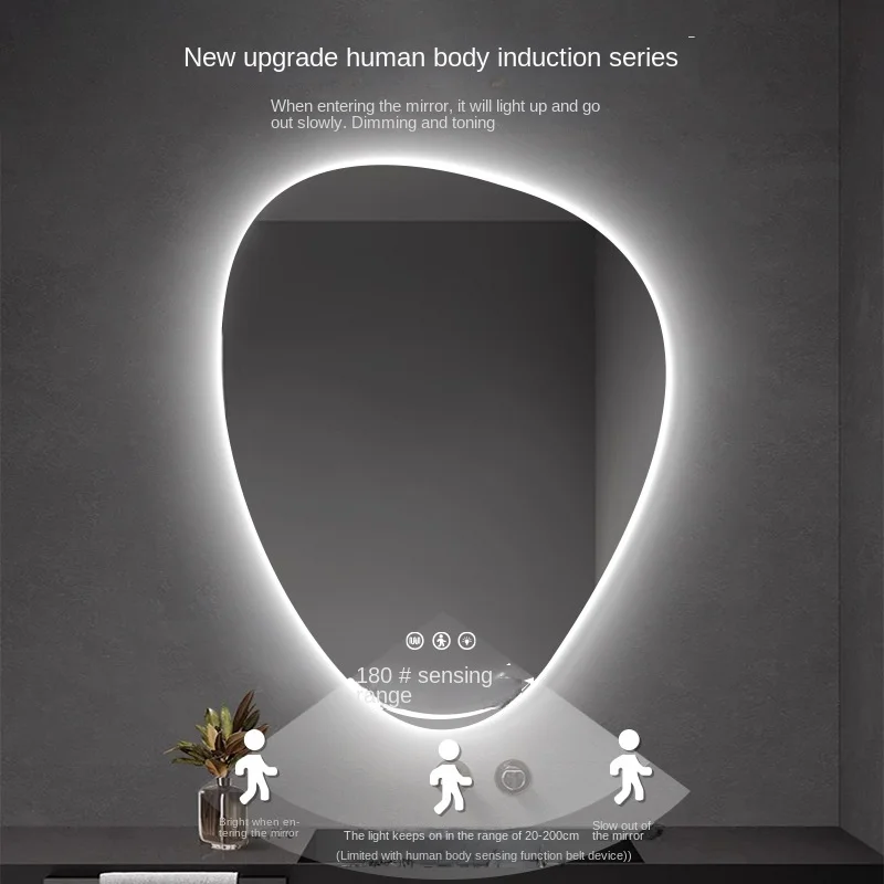 Special-shaped water drop smart touch screen hotel toilet  mirror cosmetic with LED light bathroom wall hanging bathroom mirror