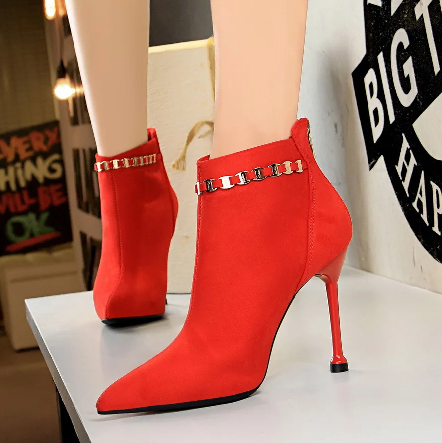 
Stivale Donna Rubber Outsole Chain Decoration Suede Leather Ankle High Heel Sexy Warm Winter Boots for Women Shoes 