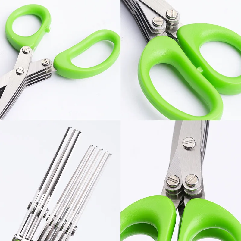 Multipurpose Stainless Steel Herb Scissors Kitchen Shear With 5 Blades 3 Blades Cleaning Brush
