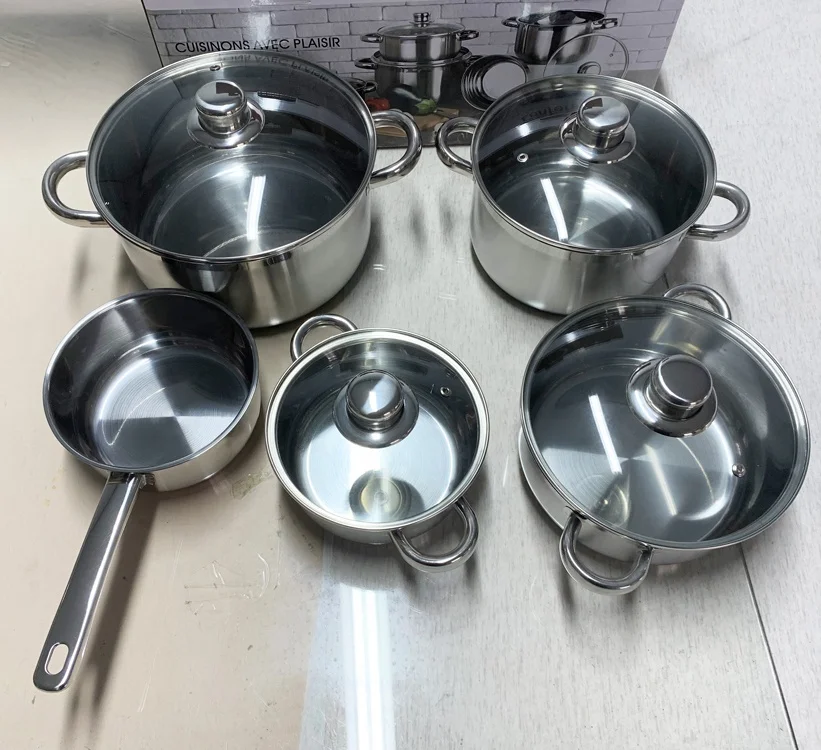 9Pcs stainless steel 430 cookware set induction pot and pan set for home kitchen cooking
