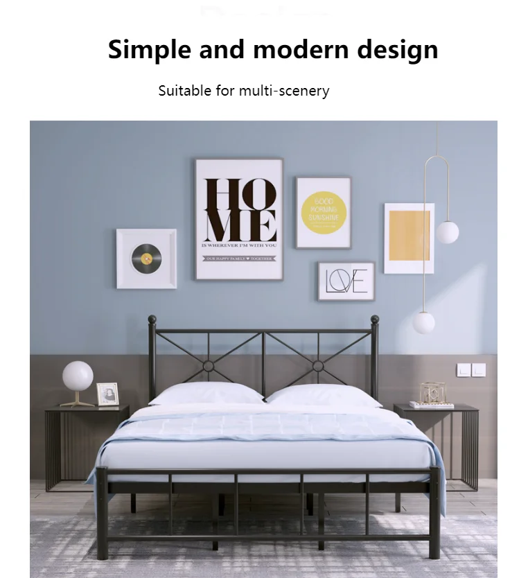 Elegant Home Products Vintage Beds Full Size Bed Frame with Headboard Heavy Duty Metal Platform Bed Frame Steel Slat Support