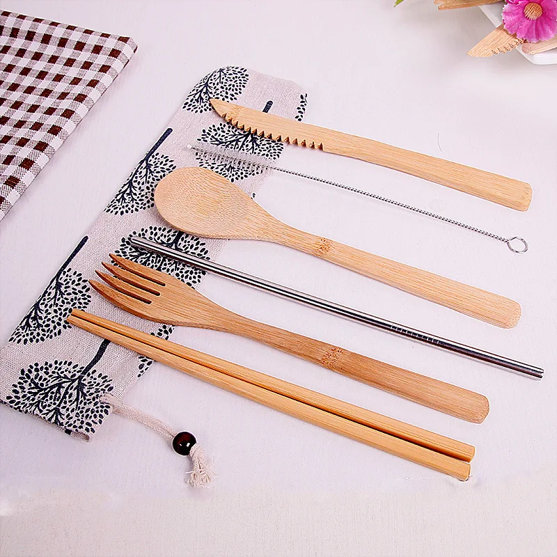Hot Sale  6pc Natural Bamboo Material Bamboo Cutlery Fork Spoon Knife Straw set for Camping and travel