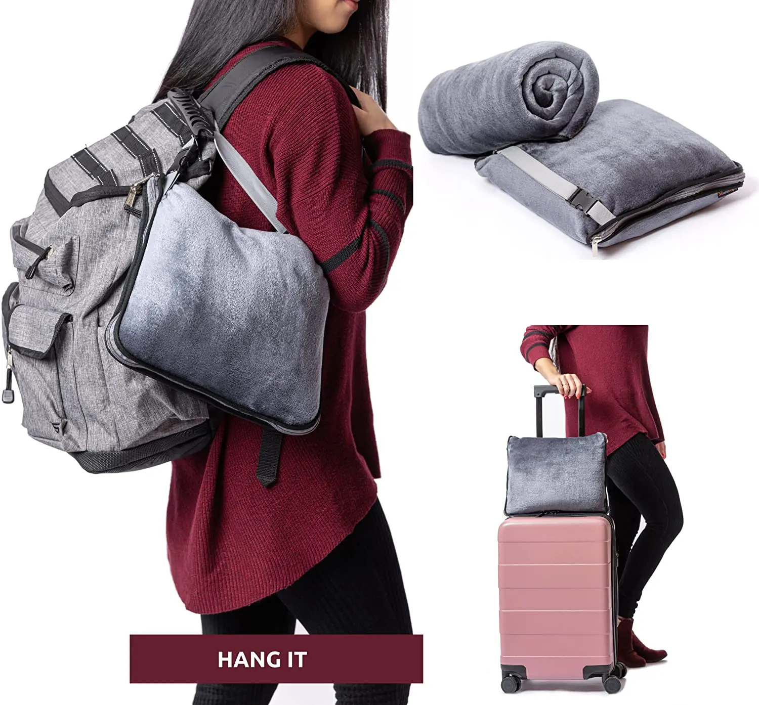 wholesale Lightweight custom flannel fleece travel blankets and pillow Portable Foldable 4 in 1 Travel Blanket in pouch