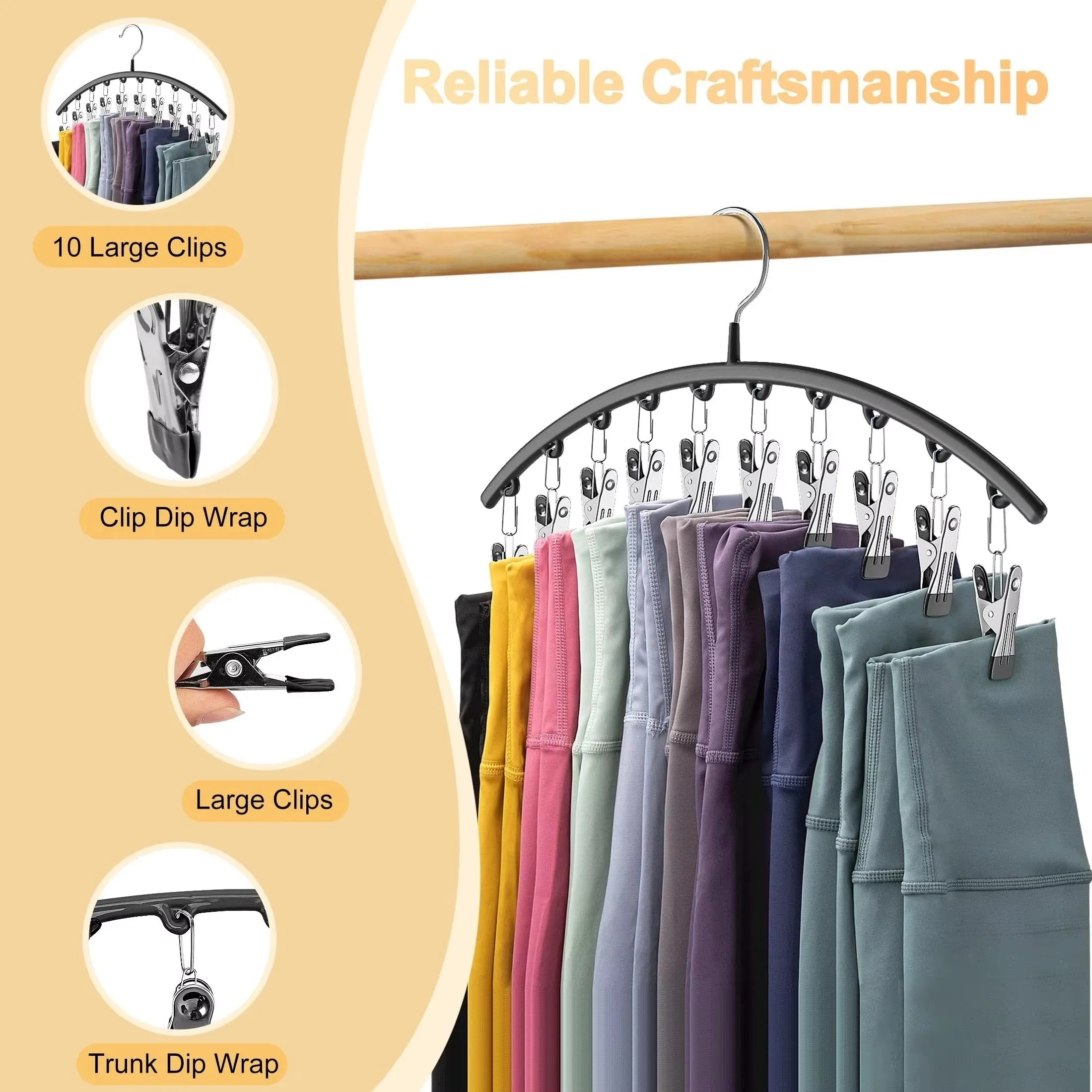 Curved Shape Hanger, Metal Yoga Pants Hangers, Organizer For Closet, Pants Hanger With 10 Clothespins, Holds 10 Leggings
