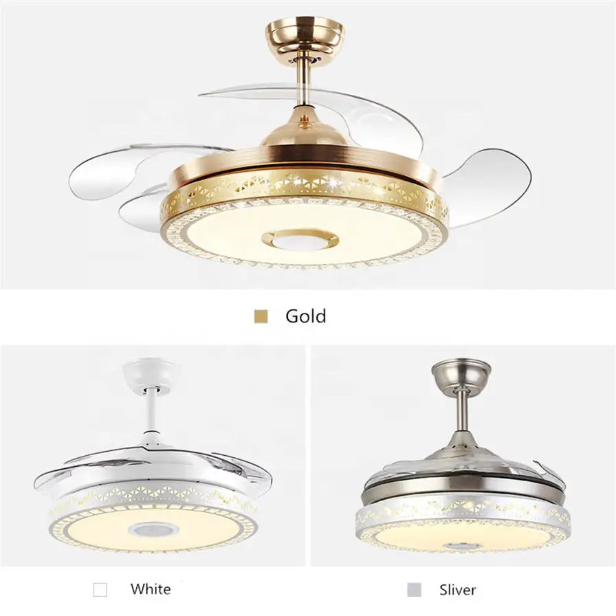 Invisible Ceiling Fan Light with Speaker 7 Colors LED Dining Room Ceiling Home Pendant Light with Remote Control 36W