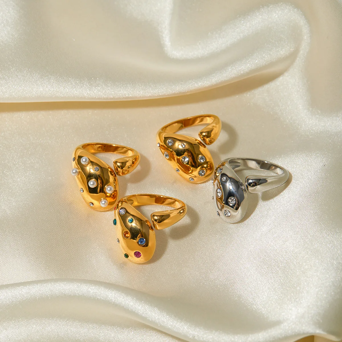 Luxury Fashion 18K Gold Colorful Open Ring Stainless Steel Gemstone Cocktail Jewelry Rings With Diamonds