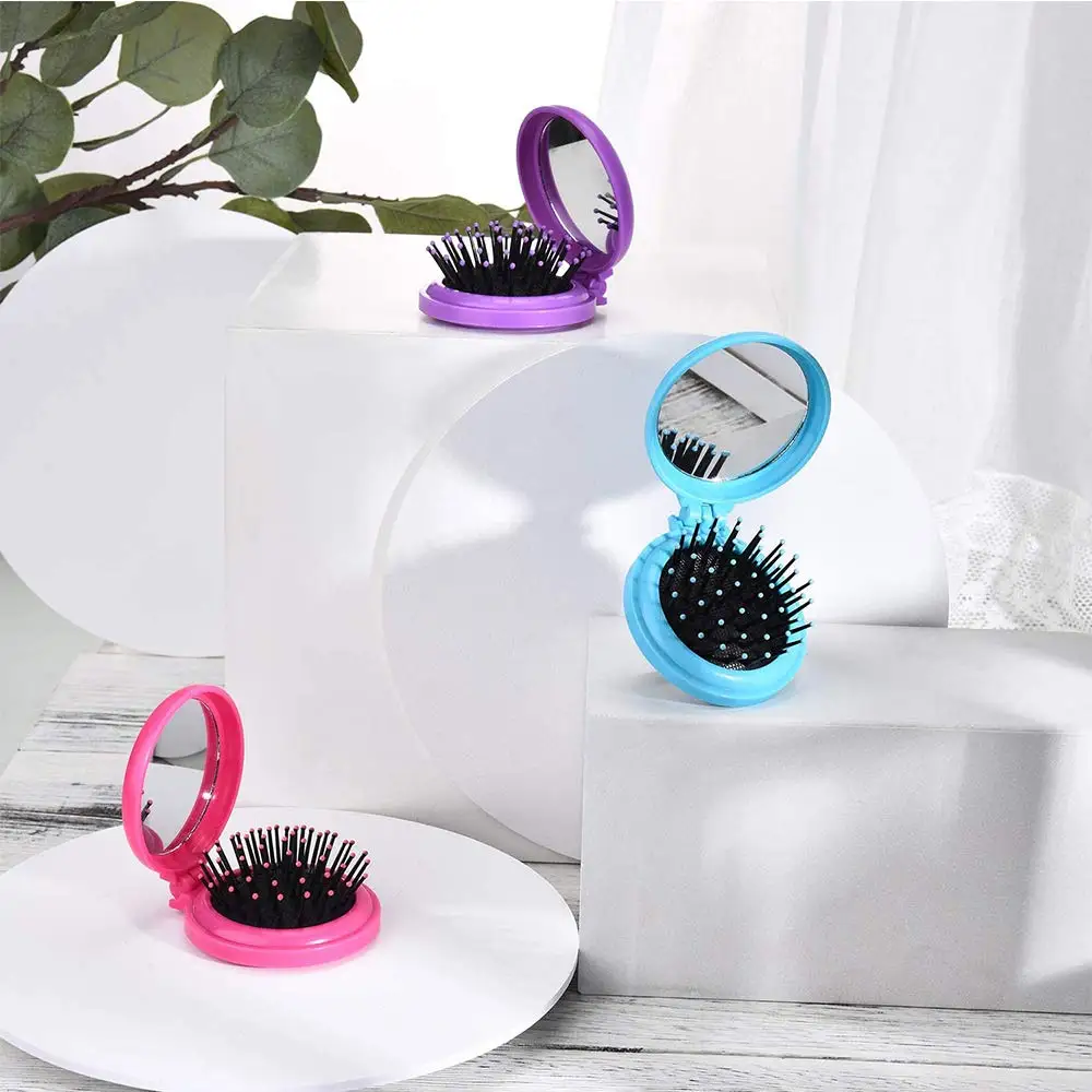 Folding Travel Hair Brush Cute Mini Round Hair Comb Pocket Hairbrushes with Makeup Mirror Compact Massage Comb for Girls