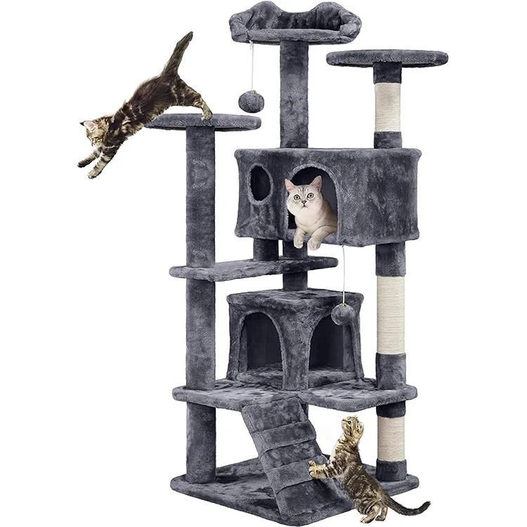 New Product Luxury Cozy Large Cat Tree House Condos Wooden Cat Sisal Rope Scratch Tree Tower for Many Cats