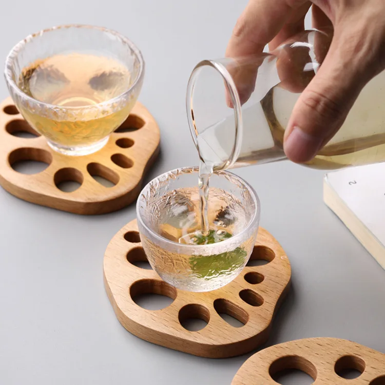 factory direct sale lotus root slices shape beech wood cup mat coaster 8.5x9.5cm