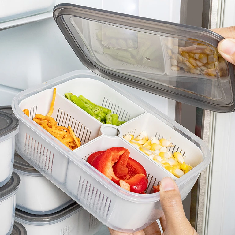 Kitchen fridge organizer microwaveable crisper drain box plastic food storage meal prep containers with removable compartments
