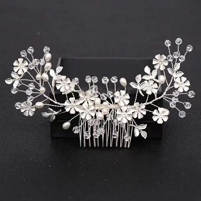 Flower Headwear Bride Hair Accessories Silver Pearl Crystal Wedding Comb