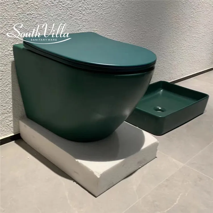 European ceramic rimless toilet wc matt green color wall hung toilet ceramic art basin bathroom sanitary ware color toilet set