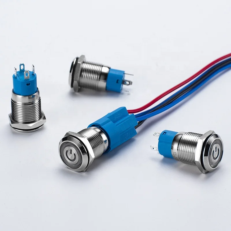 12mm Metal Push Button Switch  Power Led Momentary Push Button Waterproof Metal 1NO Flat Head Illuminated Switch with Connector