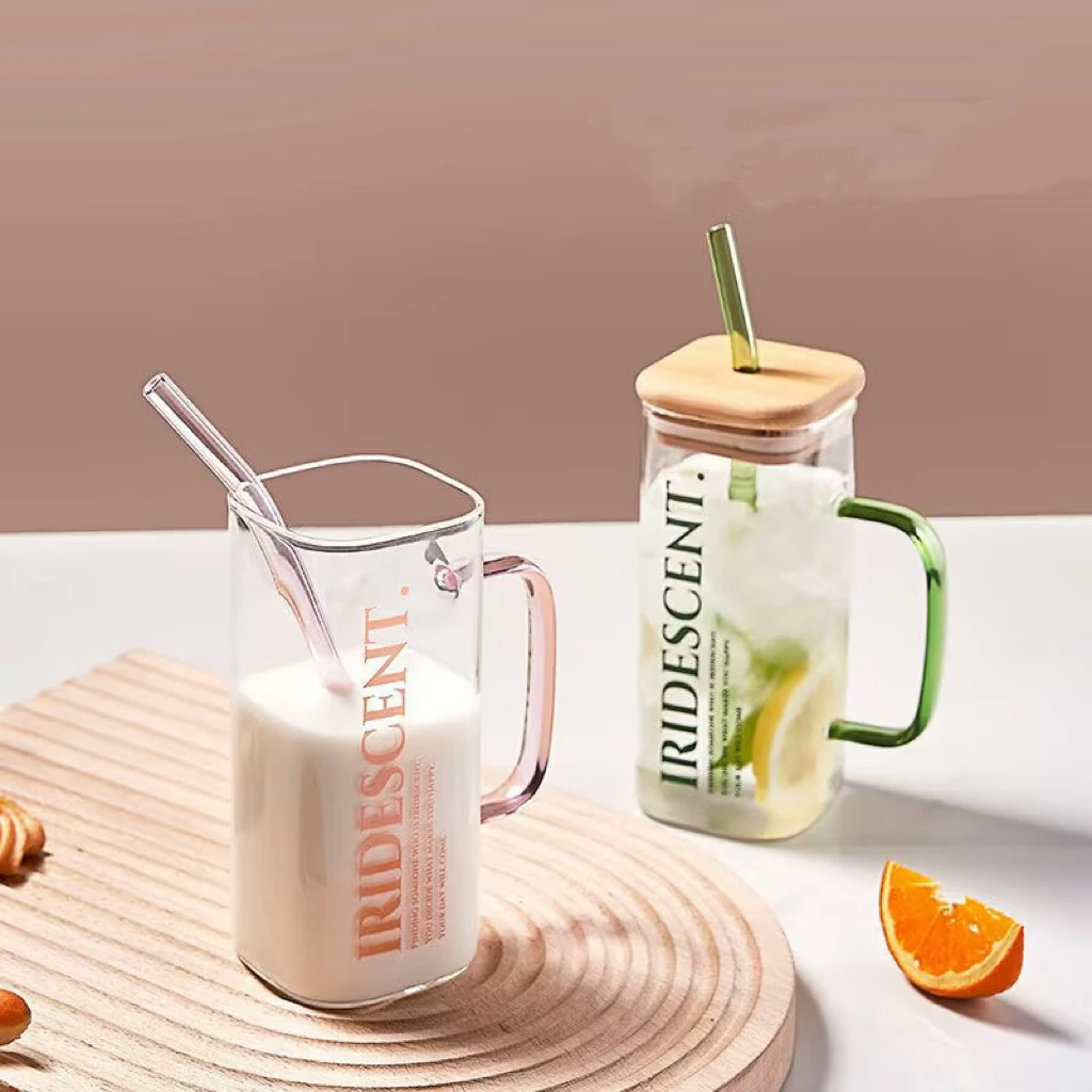 Hot Sale 510ml 17oz Square Glass Drinking Cup with Colorful Handle Bamboo Lid and Glass Straw for Beer Juice Milk-for Parties
