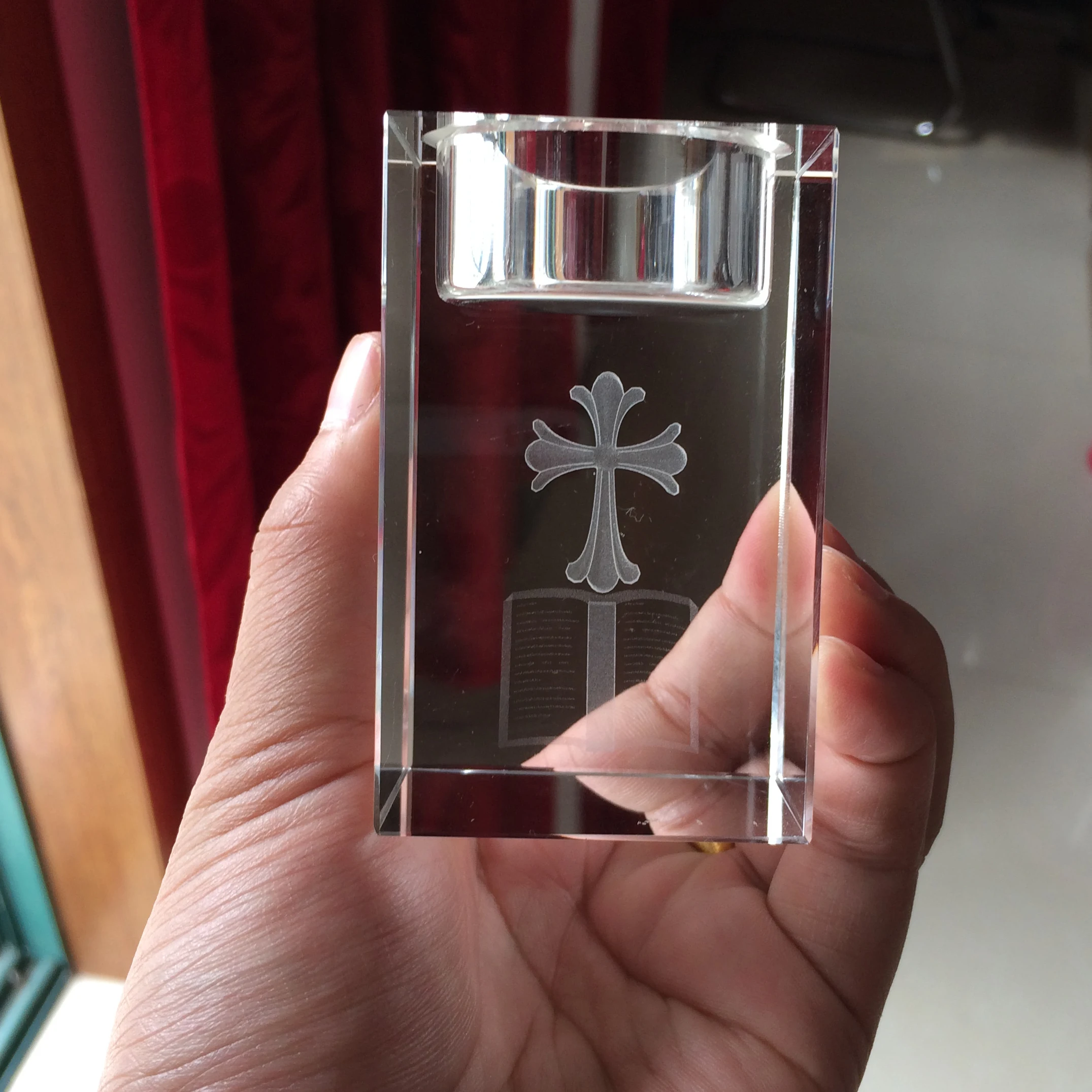 Wholesale Crystal Glass Block Jesus Cross Candle Holder For Religion Gift