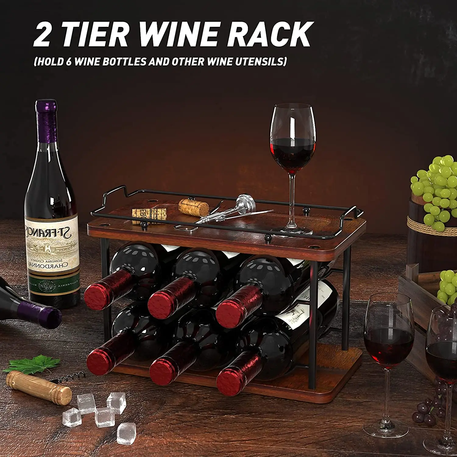 2 Tier Wooden Wine Rack Free Standing Floor Countertop Wine Rack