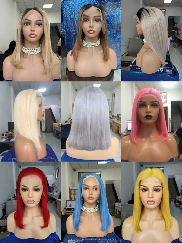 Free Lace Samples 10inch Brazilian Hair Ombre Bob Human Hair Wig Blue Long Light Brown Swiss Lace Blonde Lace Front Wig