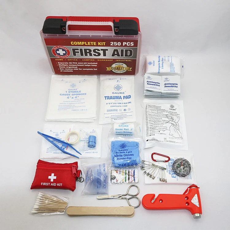 Osha and Ansi approved 250pc Disaster emergency survival first aid kit with RED plastic box