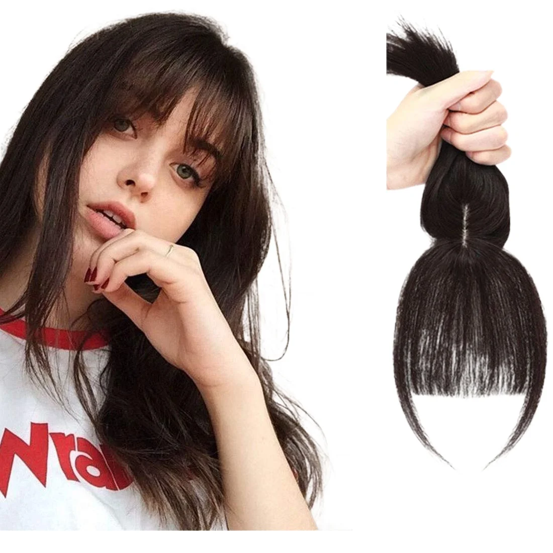 Human Hair Extension 3D Clip in Air Bangs Remy  Hair Patch Topper Cover Hairpieces with Bangs Clip on Hairpiece with Temples