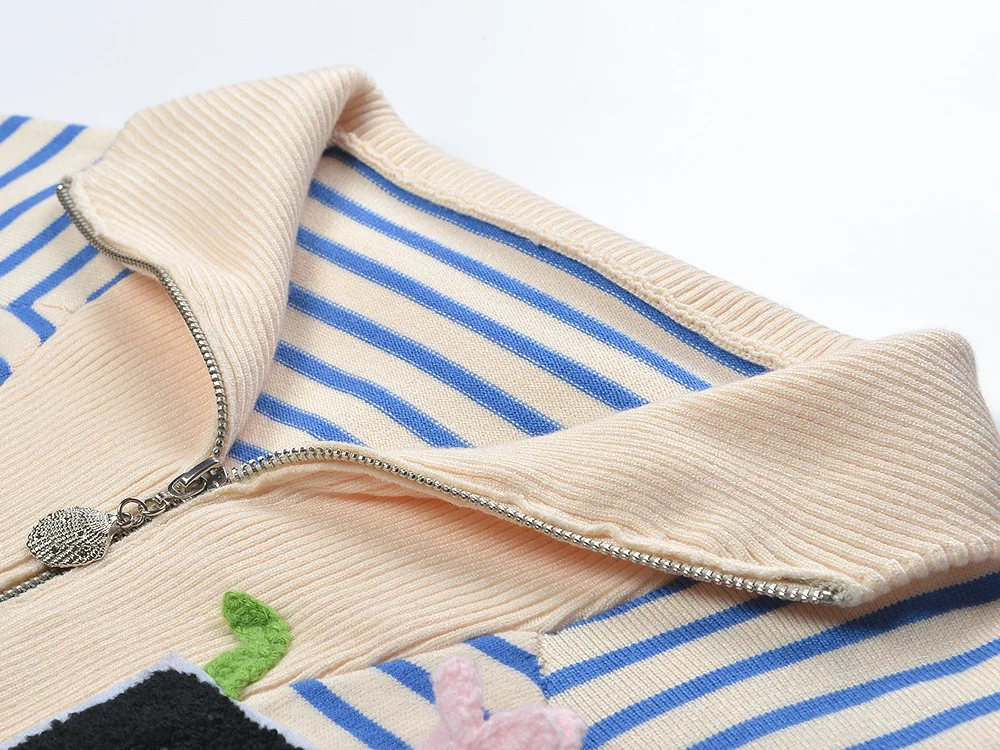 Korean Style Lazy Loose Women Fall Sweater Autumn Womens Striped Sweaters Zip Sweater Mid-length Crochet Flower Knitwear