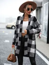 Women Cardigan Sweater 2023 New Arrivals High Quality Loose Plaid Patchwork Lady Sweaters Knitted Jacket Sweater For Women