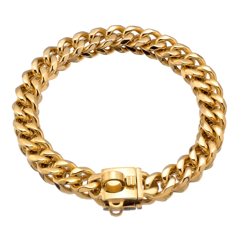 Pet products Gold strong lockstitch button dog harness stainless steel Flat cuban link dog check chain for pet dog