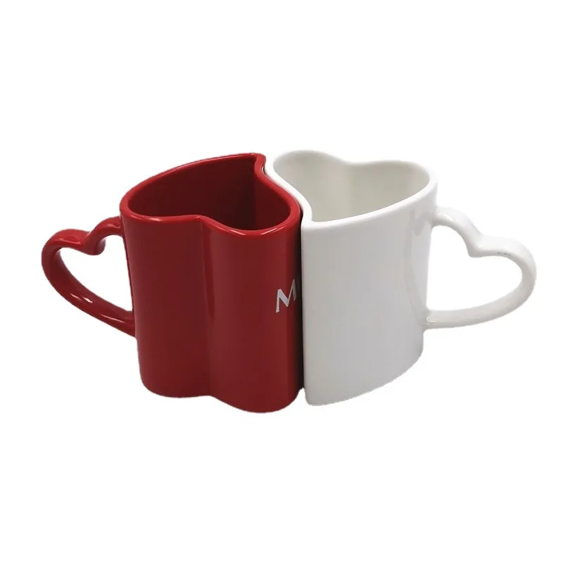 GZYSL Custom Design Ceramic Heart-Shaped Couple Mug Set Kissing Handle for Valentines Day Husband and Wife Gifts with Box