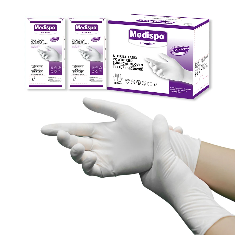 Sterile single-use powdered latex rubber examination gloves with powder