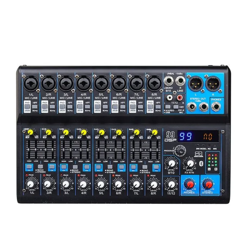 professional mesa de som 12 channel power mixer 99DPS reverb effect with Bluetooth+USB+EQ+48V audio sound card mixer