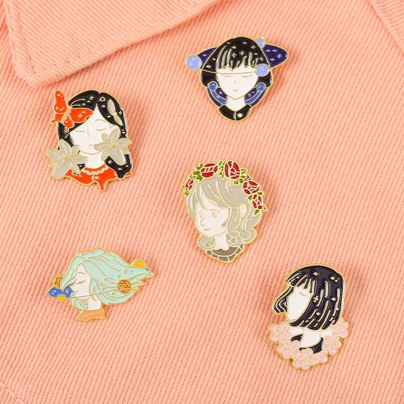 5 Styles Outer Space Girl Cartoon Anime Pins Wholesale Planets Flowers Butterfly Brooches hard enamel pin custom Lapel Badges