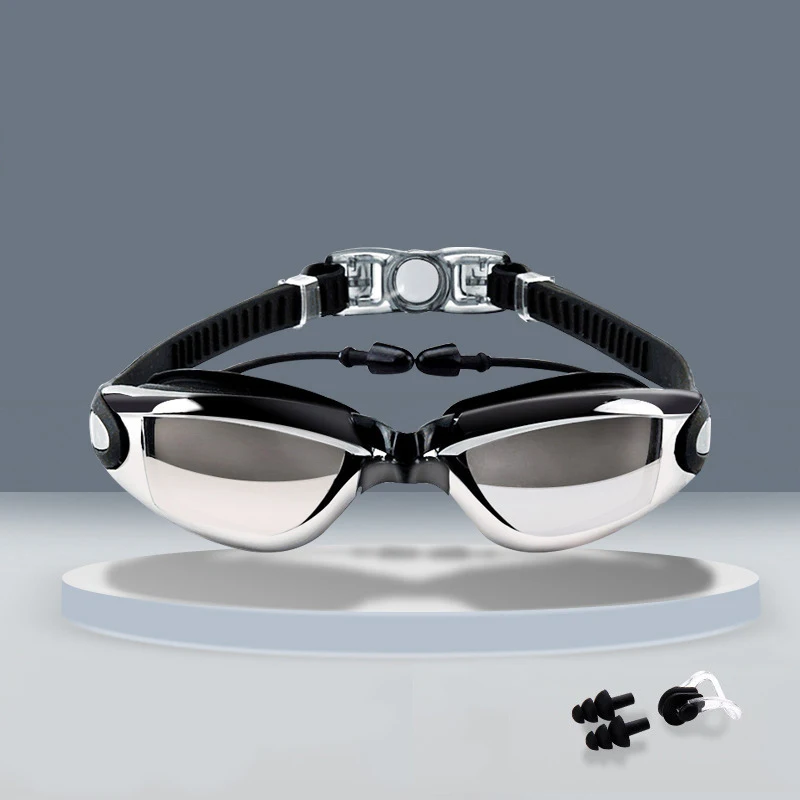 
swim glasses with earplug anti-fog humanized Electroplated lens swimming glasses HD waterproof adjusted belt 