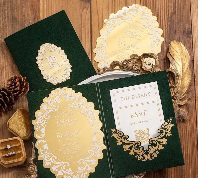 Черное сложенное бархатное Золотое фольгированное Свадебное приглашение с золотым зеркалом элегантные акриловые карты RSVP Настраиваемые роскошные приглашения
