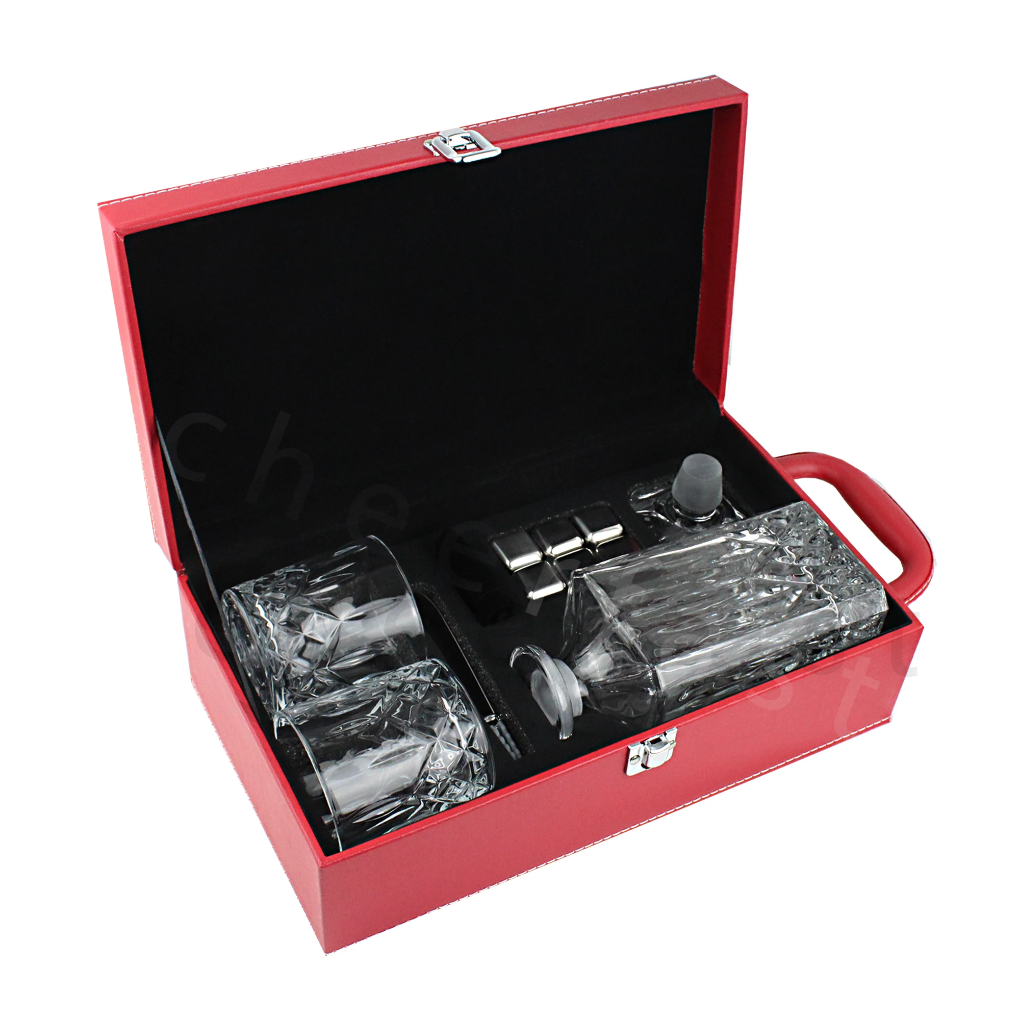 In Stock Sustainable Cover Liquor Whiskey Decanter With 2 Piece Glasses Pu Leather Box Set 750Ml Whiskey Decanter Gift Set