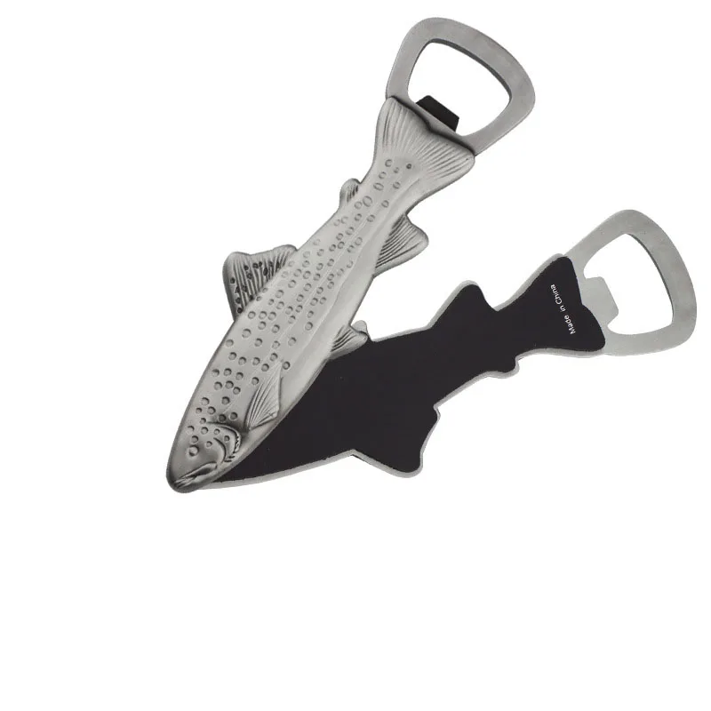 Custom logo die cut trout fish shape metal magnetic beer bottle opener refrigerator