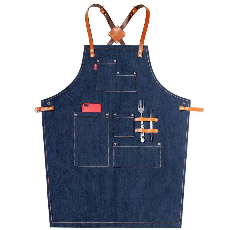 wholesale Custom denim working apron leather strap jean apron with pockets for flower shop and coffee shop