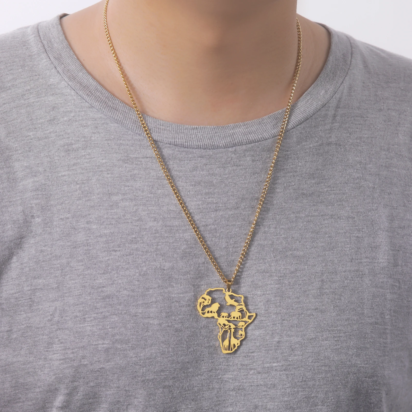 Africa Map Animal Giraffe Lion Elephant Pendant Stainless Steel Necklace Fashion Jewelry Necklaces For Woman Men