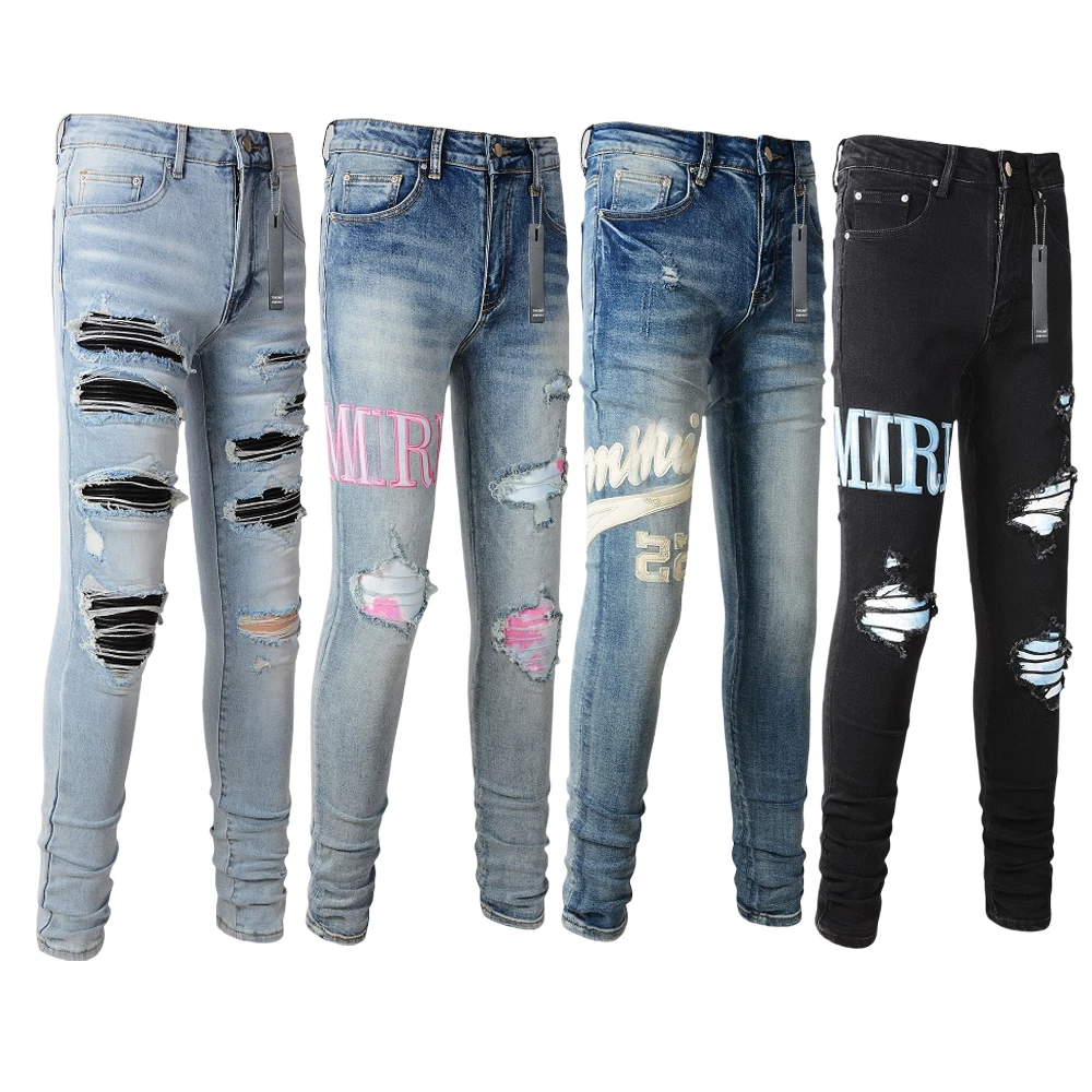 Designer jean Amiry mens trousers biker embroidery ripped for trend cotton fashion jeans men slim pants black hip purple jeans