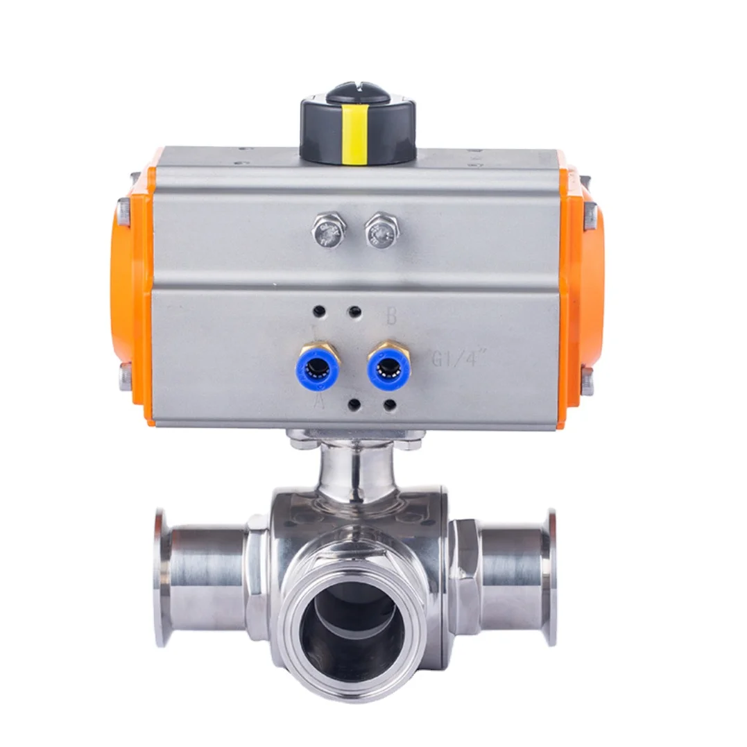 3-Way T L Type Ball Valve DN25 Sanitary Pneumatic Actuated T-Way Ball Valve Hygienic Ball Valves